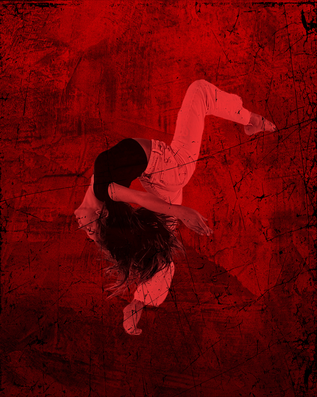 Female dancer leaning backward with red lighting and red background