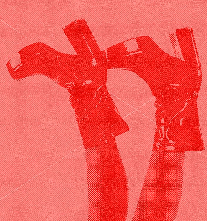 Black latex boots with thick heels pointed upward in the eair with red color overlay and halftone