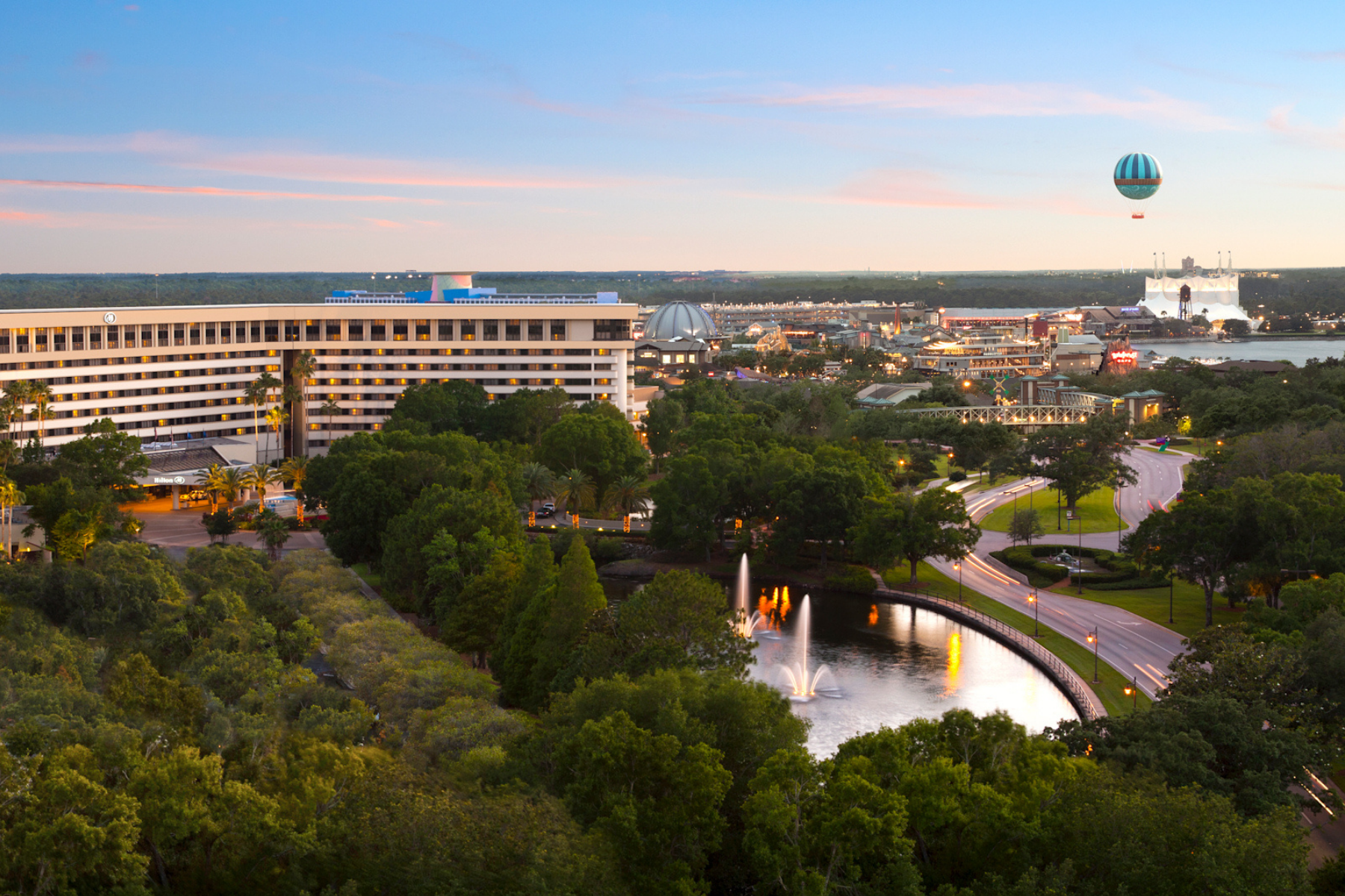 Orlando hilton hotel from above view with hot air balloon in the distance