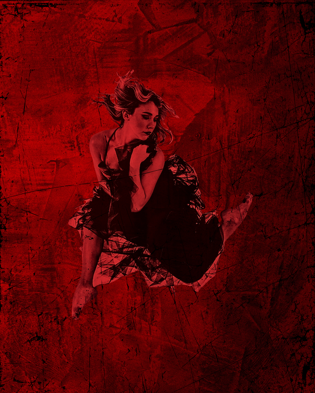 female dancer posed mid-air with red lighting and red background
