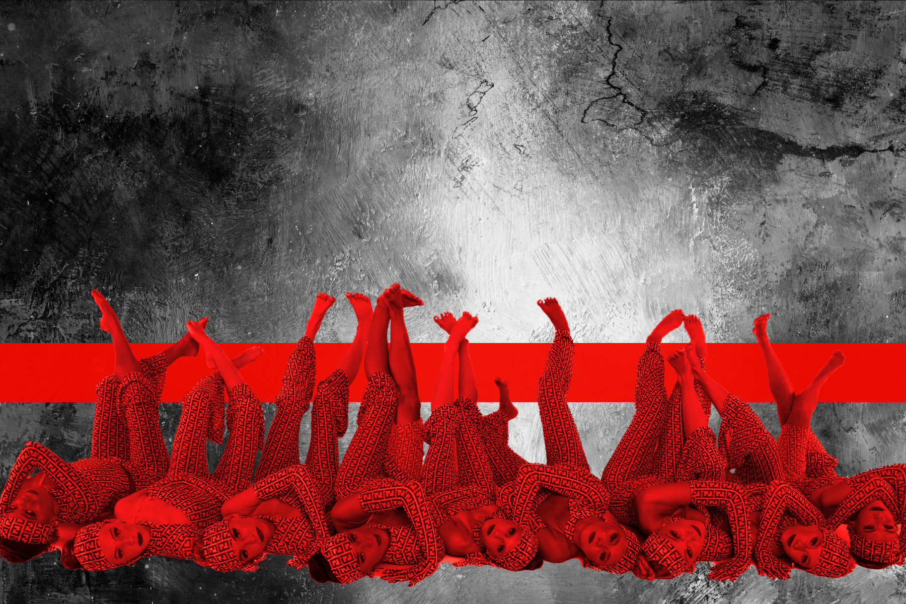 Group of dancers lying down with legs in the air with red color overlay and red horizontal stripe in the background