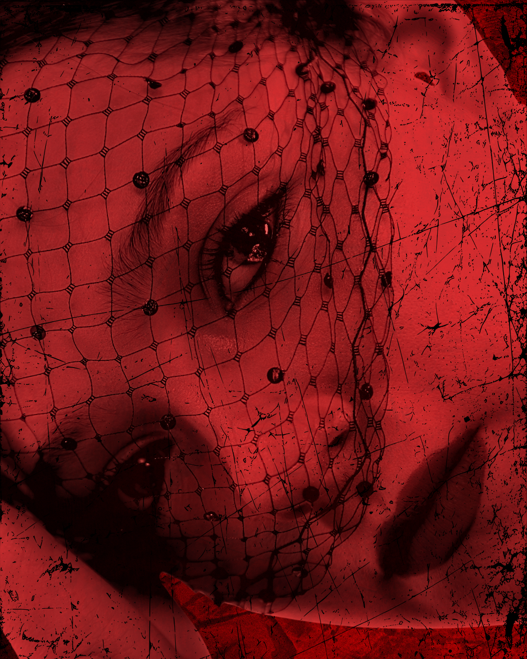 Close-up face of female dancer wearing lace mask with red lighting and red background